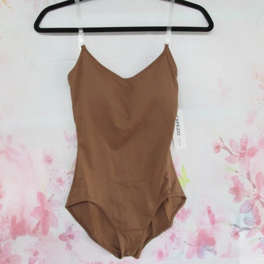 Capezio Clear Strap Dance Leotard XS SA & LA Costume Padded Body Liner Tan Brown - Picture 2 of 6